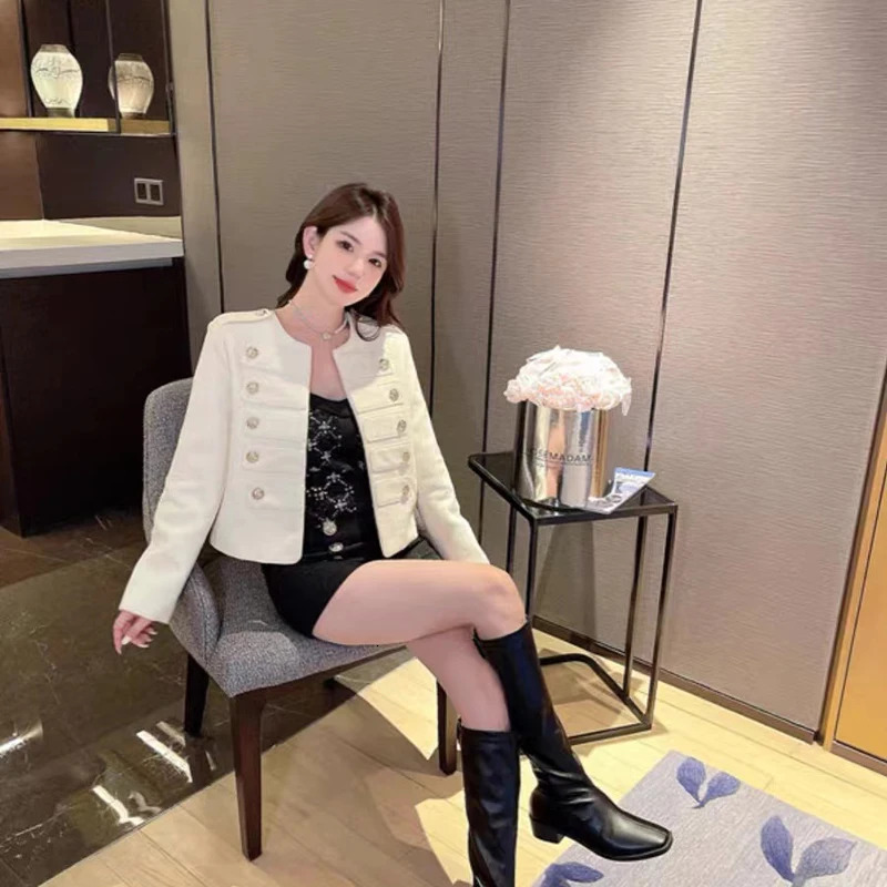 Korean Fashio Small Fragrance Autumn Coat Women High Quality Vintage Double Breasted O-neck Short Tweed Jacket n 250709