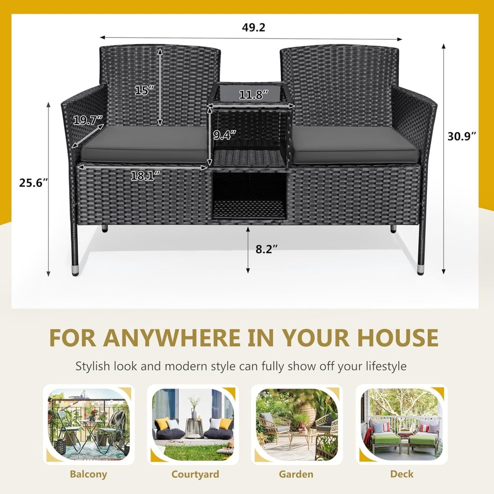 Dwe74 Outdoor Furniture Patio Loveseat Wicker 2-Seat With Built-In Table And Cushions Rattan Porch Chairs Bench For Balcony, Lawn, Ba