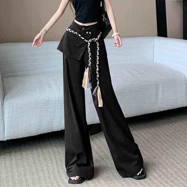 Summer new women's pants with waistband rope curtain workwear wide leg pants new spicy girl high waisted loose fit floor length pants new designe