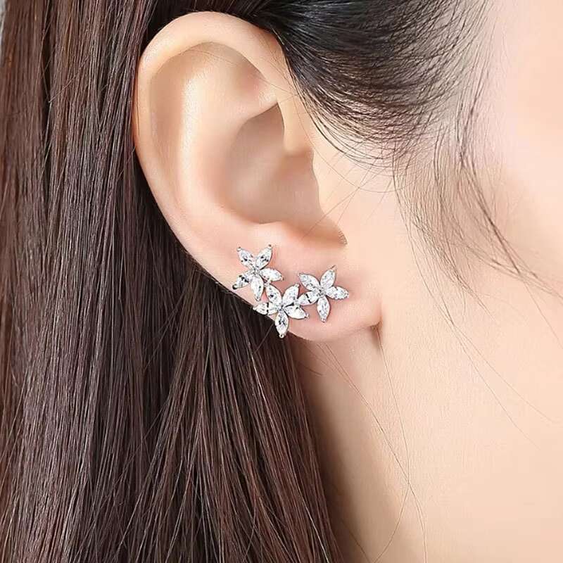 Hot Sale Luxury Flowers Earrings Piercing Crystal Cubic Zirconia Delicate Women Statement Jewelry Silver Plated Earrings