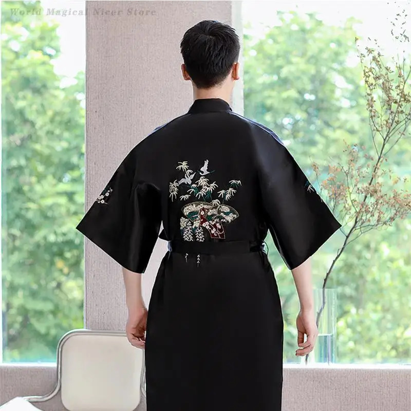 Mens Kimono Bathrobe Spring Summer Satin Sleepwear Loose Comfortable Male Nightwear Home Clothes Mid Length Casual Robe Pajama 250710