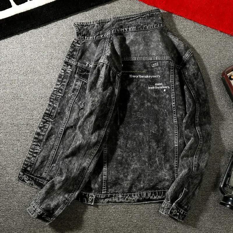 Male Jean Coats Autumn Striped Yellow with Print Mens Denim Jacket Y2k Vintage ed G Winter Outerwear er Joker Korea 250710