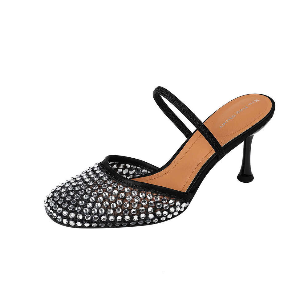 396-2 Rhinestone Round Toe Strap High Heels New Fashion Shallow Mouth Mesh Backless Single Women's Shoes