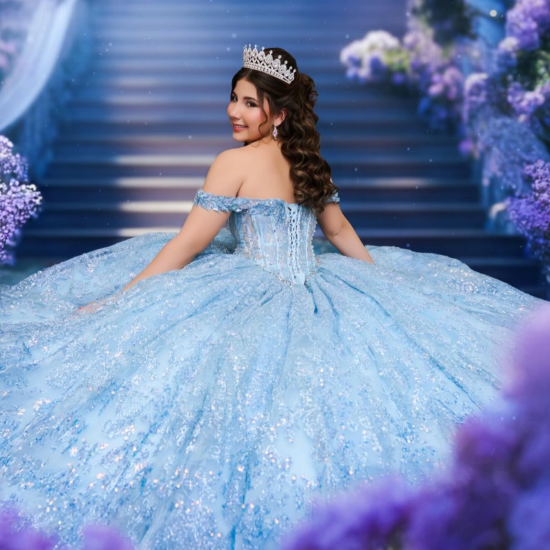Sky Blue Shiny Quinceanera Dresses Ball Gown Off The Shoulder Sequin Applique Lace Beads Tull Corset Party Birthday Sweet 16 Dress Vestidos 15 De Anos