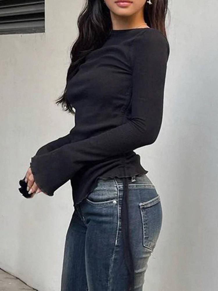 Black Solid Ribbed O Neck Slim Long Sleeve Basic Long Sleeve T Shirt Women Side Shirring Lace-Up Chic Fashion Elegant Simple Tee 250707