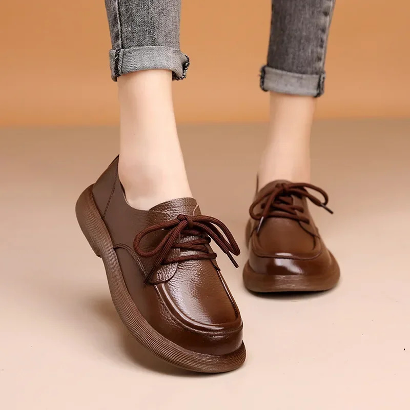 Spring Women Shoes Genuine Leather Retro Fashion Loafers Soft Bottom British Comfortable Lace Up Anti Slip Casual Shoes 2025 250707