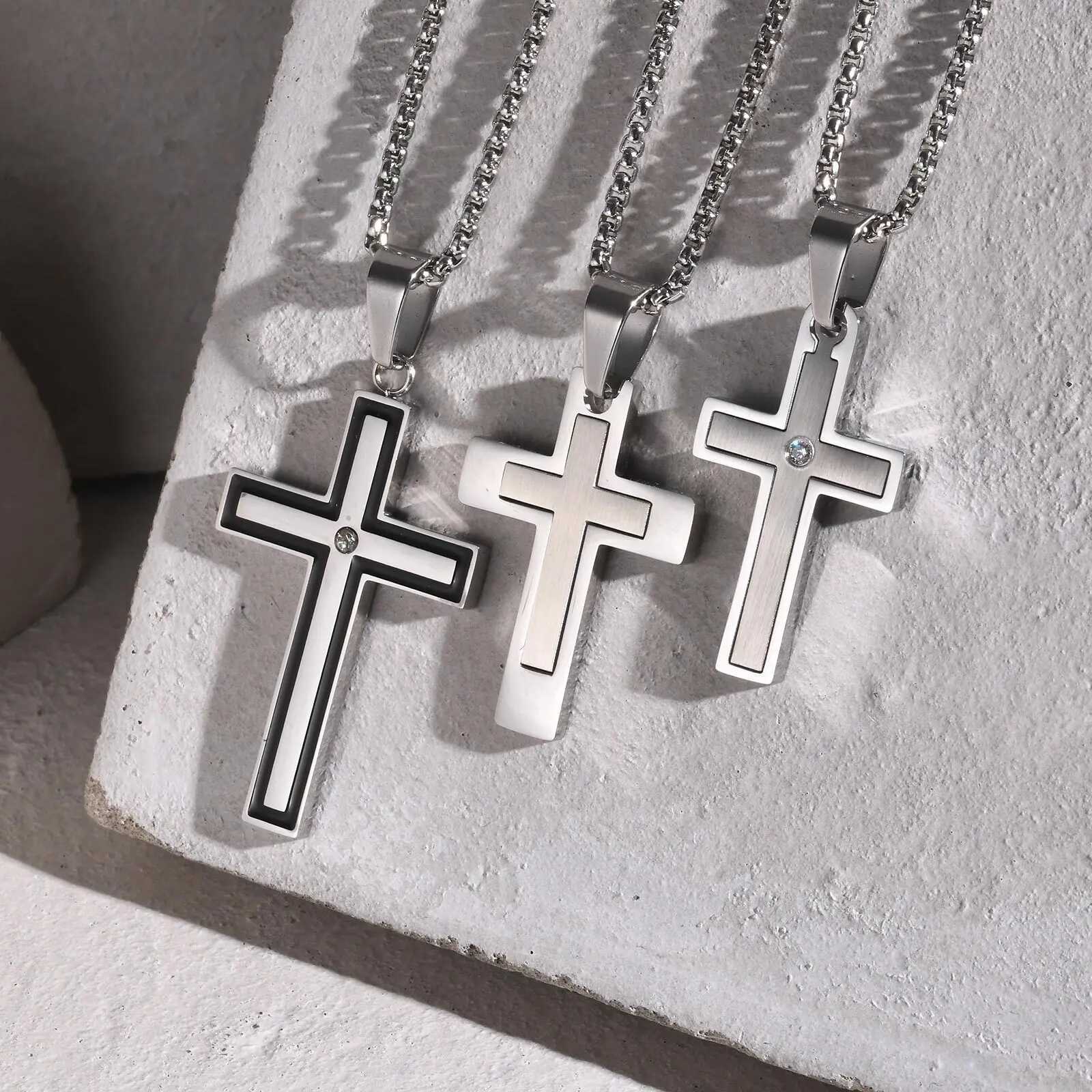 50pcs Stainless Steel Cross Pendants Necklaces Zircon Center Inlayed Christ Cross Collar for Men Wen Faith Jewelry W250712