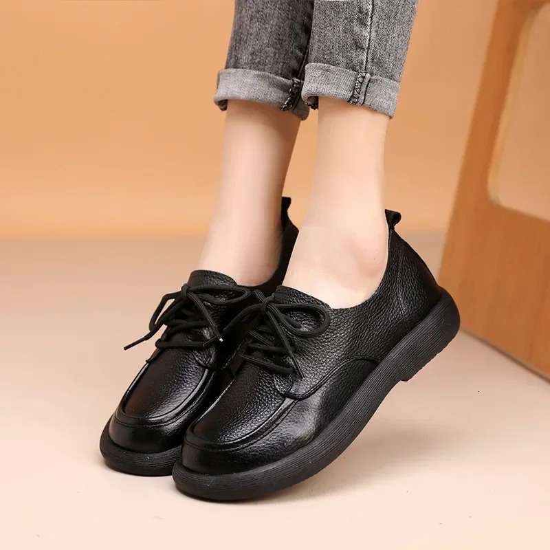 Spring Women Shoes Genuine Leather Retro Fashion Loafers Soft Bottom British Comfortable Lace Up Anti Slip Casual Shoes 2025 250707