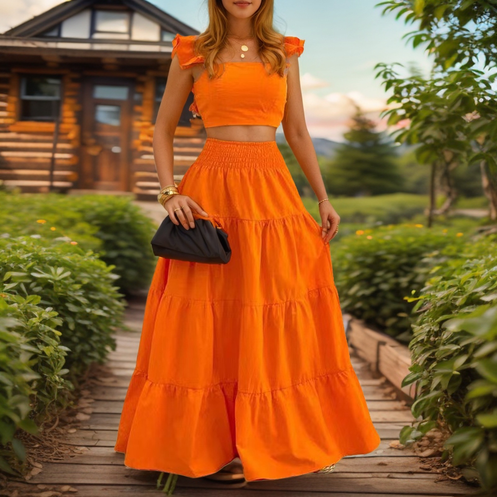 2025 Summer New Women's Skirt Solid Color Sexy Style Ruffle French Strap Skirt Two piece Fashion Women's Skirt New Luxury Designer Women