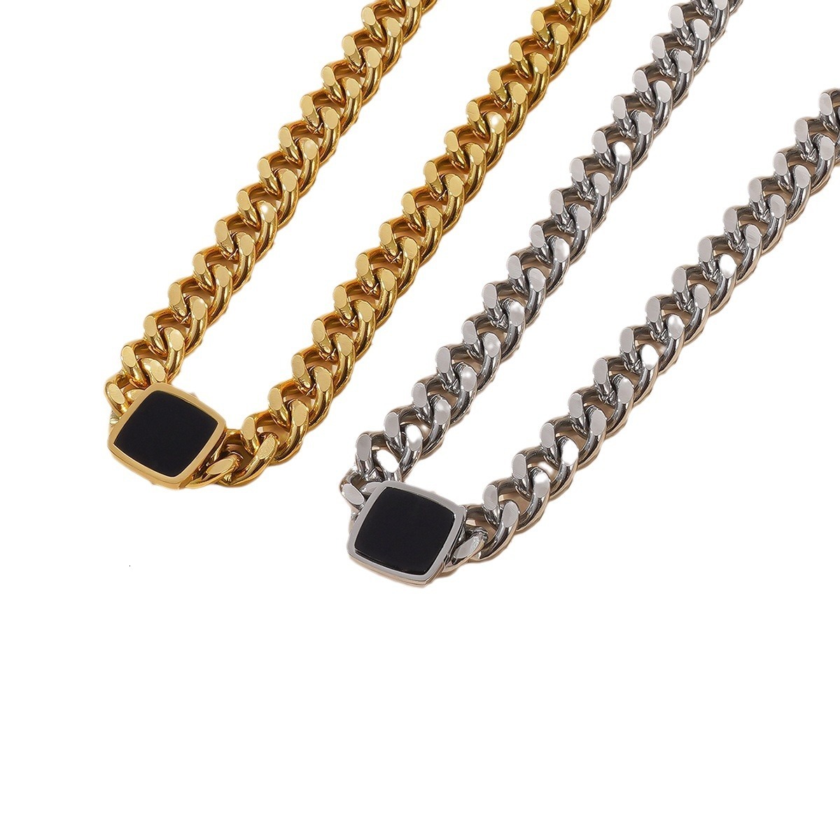 Luxury Jewelry Designer Jewelry Euopean And Ameican Style Unique Niche Vesatile Exaggeated Titanium Steel Thick Chain Non-fading Necklace Black Squae 