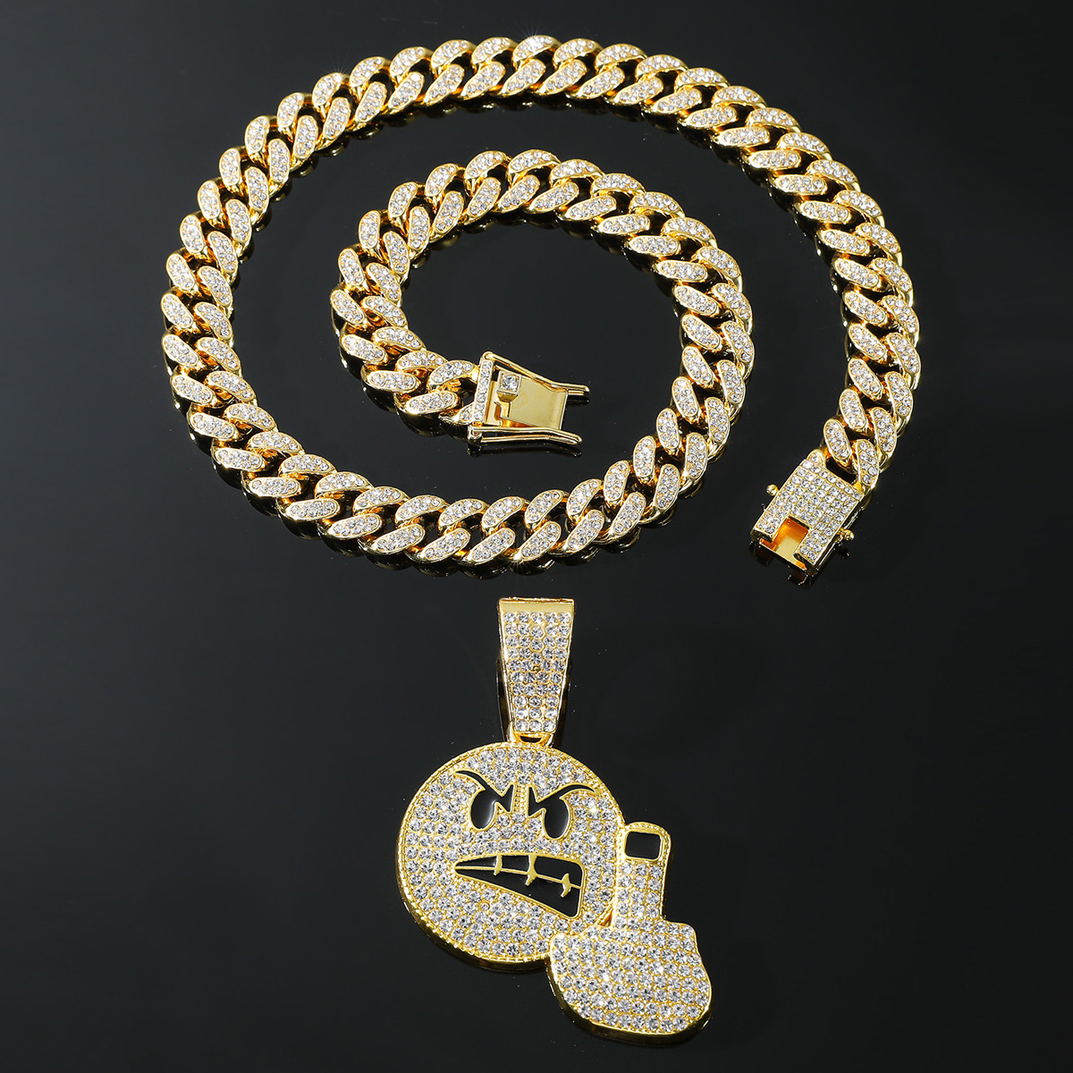 Luxury Jewelry Designer Jewelry European And American Cross-border Emoji Angry Middle Finger Expression Full Diamond Pendant Chain Personality Hip-hop