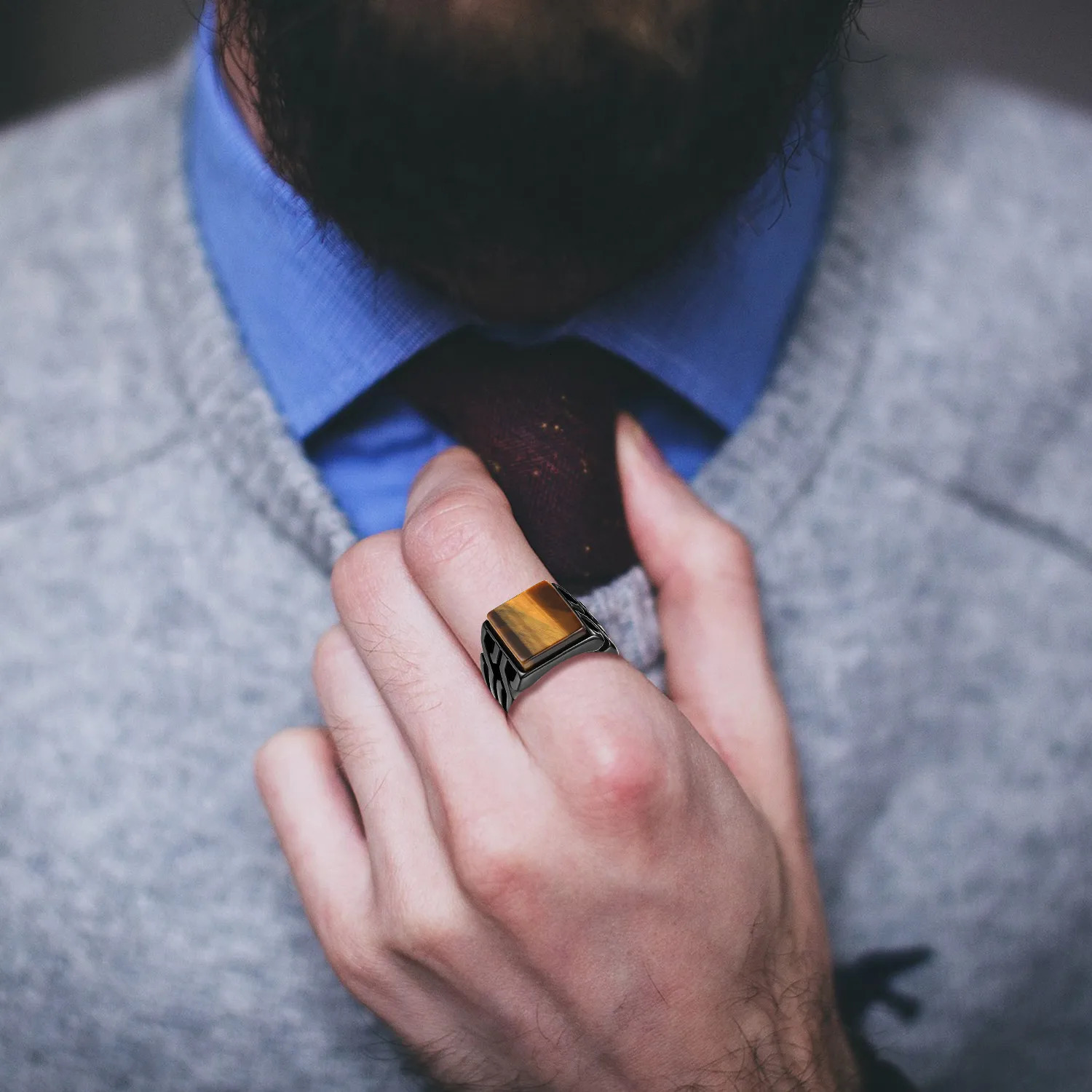 BONISKISS Vintage Mens Ring Tiger Eye Stone Punk Classic Black Color Ring Male Stainless Steel Ring Bijoux Aneis Jewelry Gift 250708