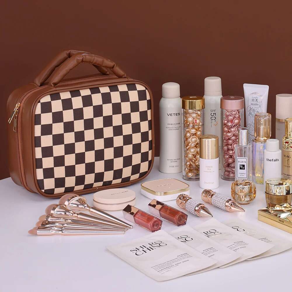 Large Capacity PU Grid Melody Women's Cosmetic Storage Box Portable Travel Makeup High-End Feel Multi-Compartment Wash Bag