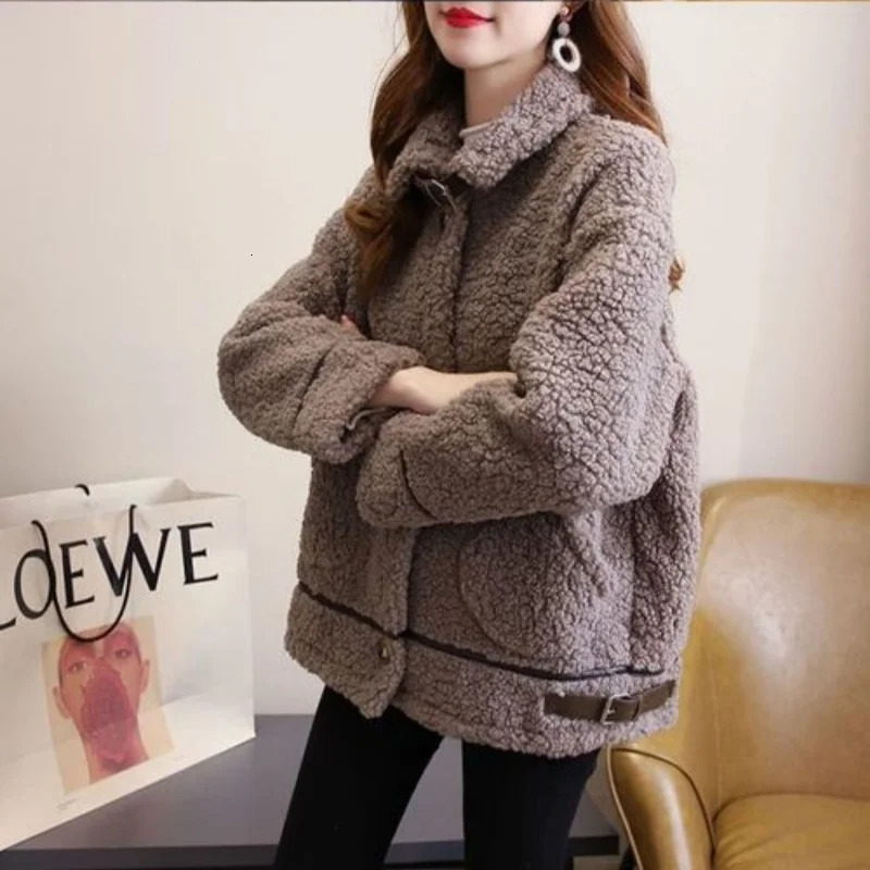 Women Autumn Winter Lamb Wool Faux Fur Thick Plush Warm Cardigan Coat Female Oversized Long Sleeve Turn-down Collar Outerwear 250708