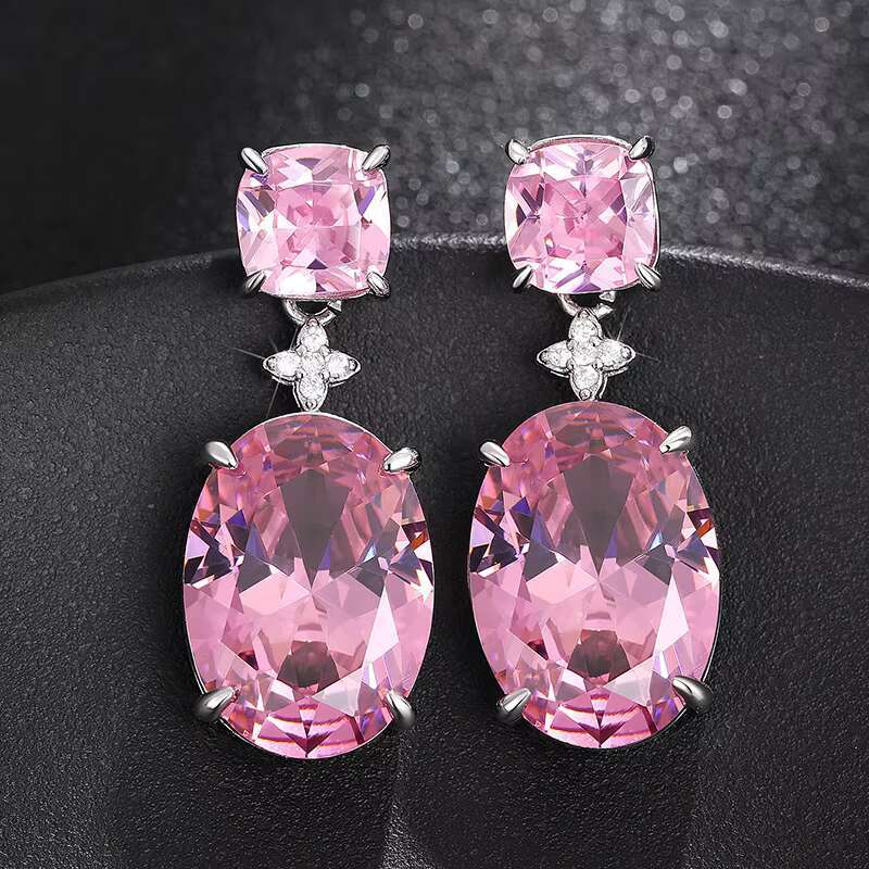 New Pink Inlaid Zircon Earrings Womens Fashion Small Cross Link Exquisite Fashion Medium to Long Swinging Jewelry
