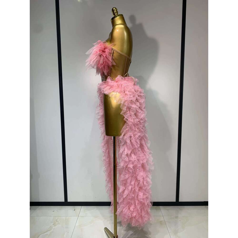 Women Sexy Strapless Ruffles two Pieces Set Bodycon Long Dress High Split Fashion Nightclub Party Birthday Singer Stage Outfit