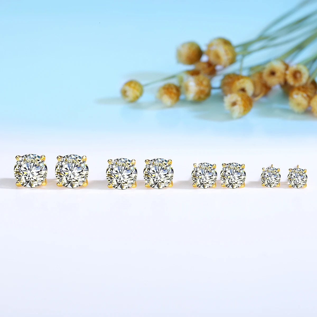 1pair 14K Gold Stud Earrings for Women Simple Classical 4-Prong Lab Diamond Ear Stud Wedding Engagement Gift Jewelry 250708