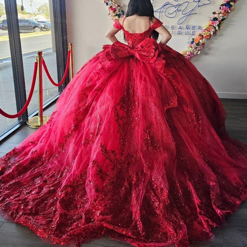Red Shiny Quinceanera Dresses Ball Gown Off The Shoulder Appliques Lace Bow Beads Tull Sweet 16 Dress Vestidos 15 De Anos