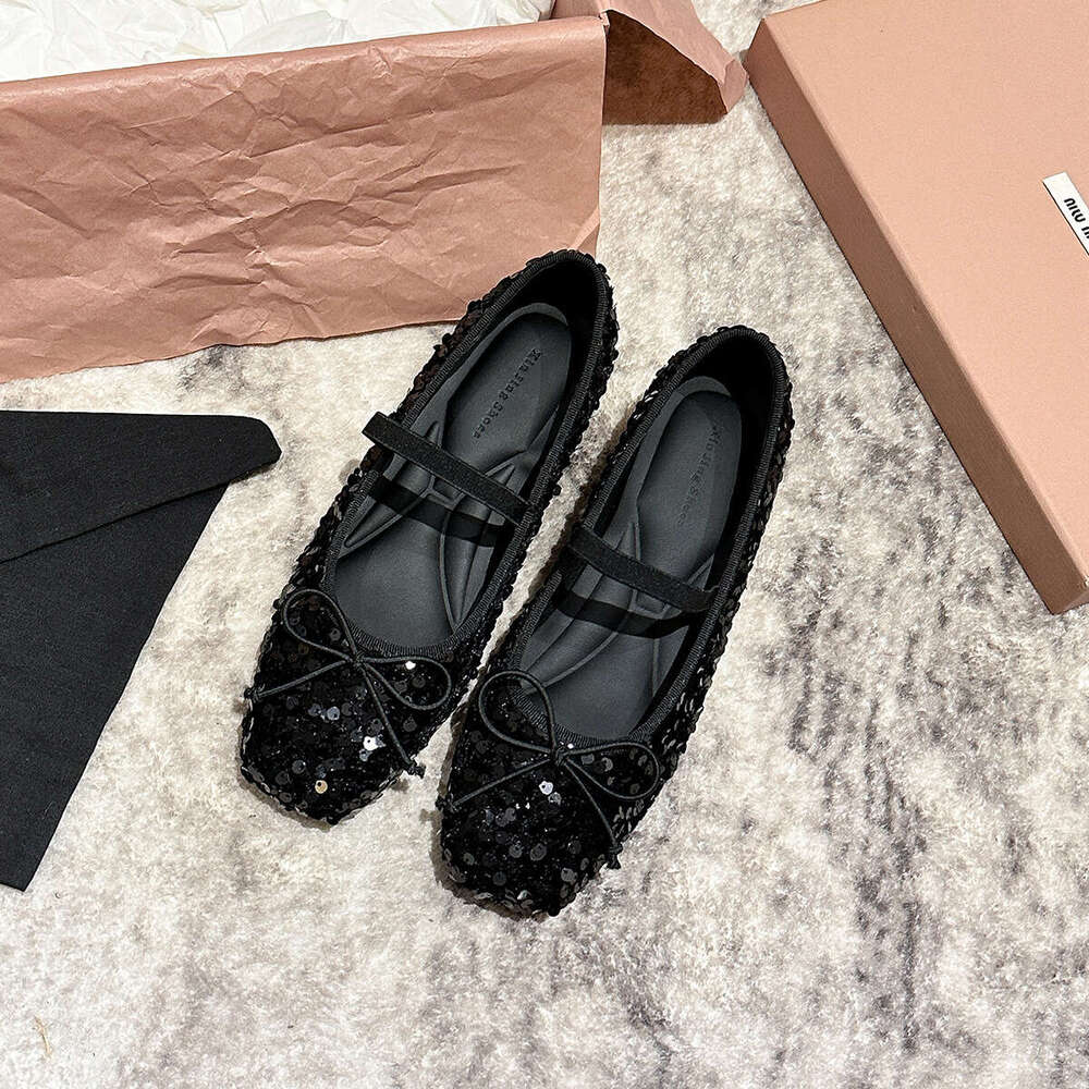 796-6 French Style Flat Square Toe New Black Elegant Bow Sequin Hidden Heel Women's Shoes