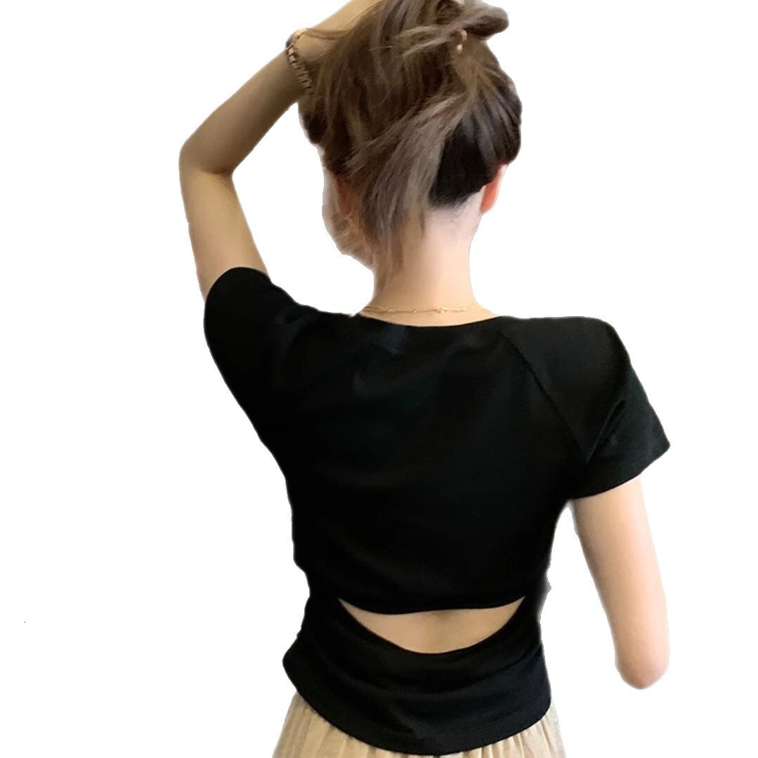 New women's top with hollowed out back and exposed waist short sleeved women's T-shirt design, slim fit shoulder round neck women's top