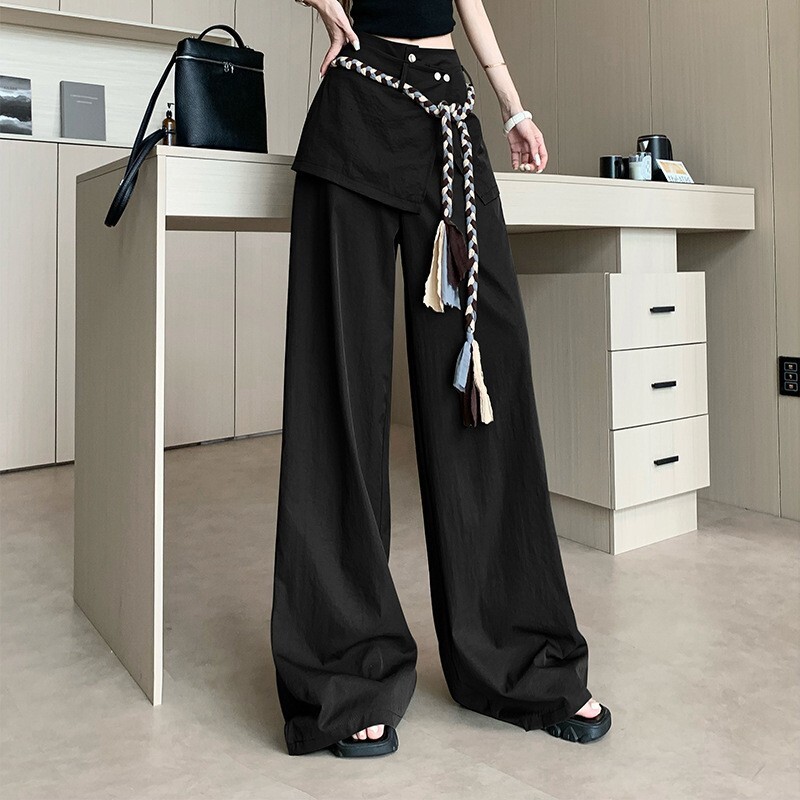 Summer new women's pants with waistband rope curtain workwear wide leg pants new spicy girl high waisted loose fit floor length pants new designe