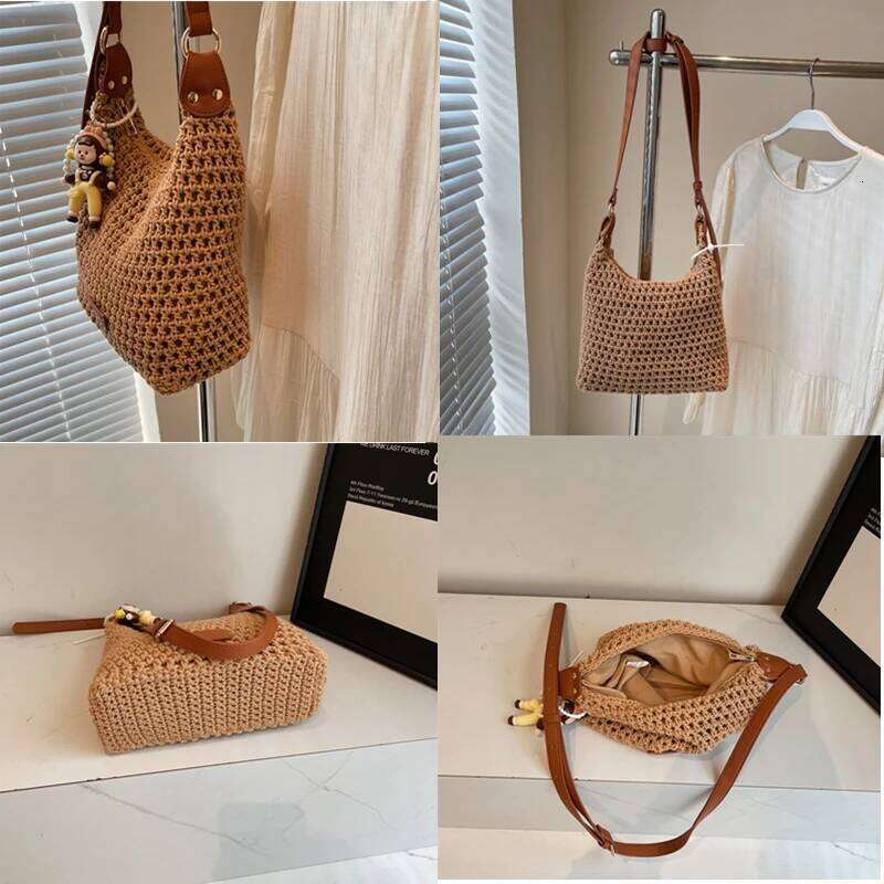 Women Cotton Thread Weaving Handbag Summer New Woven Shoulder Bag Seaside Vacation Beach Bags Bohemian Style Tote Bags