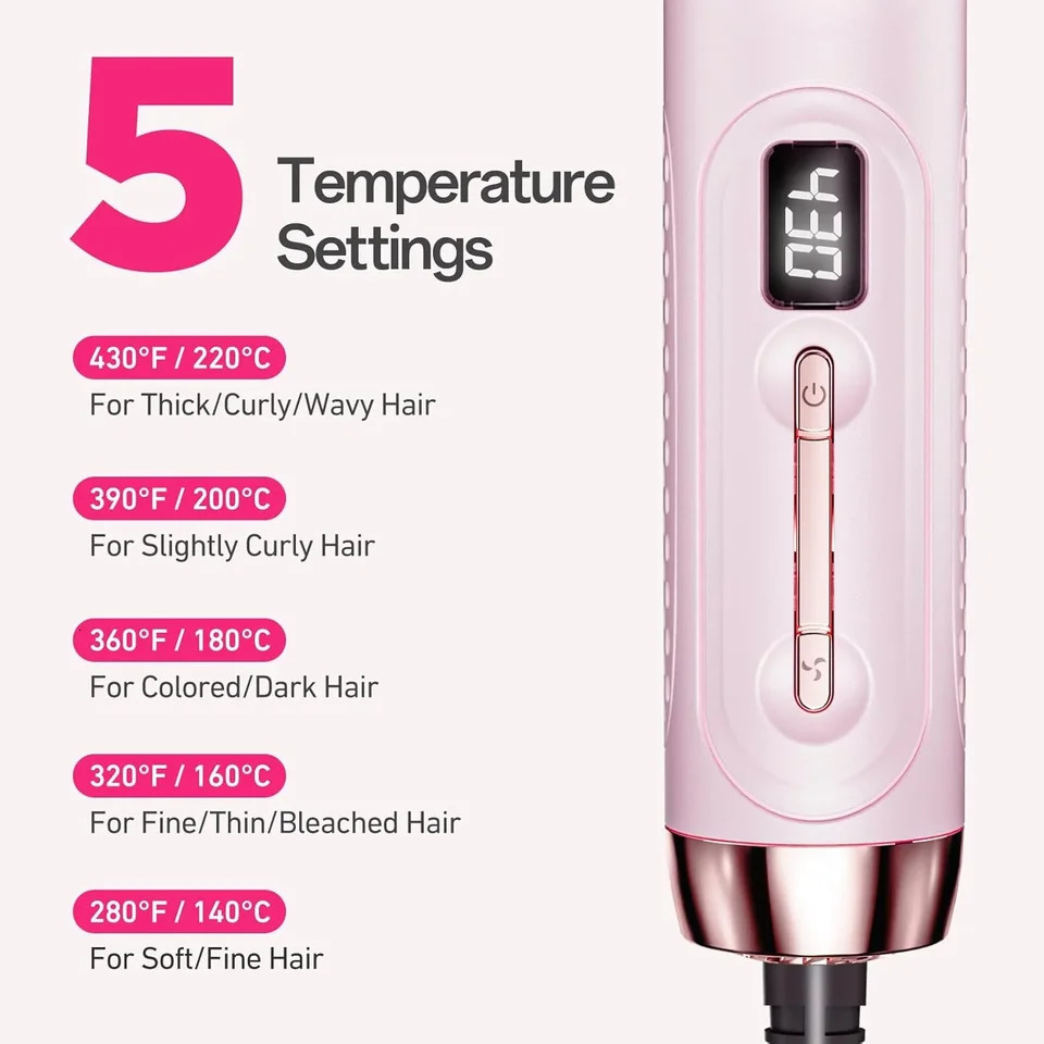 2 in 1 Curling Iron 360° Airflow Styler 0.98 in Ionic Ceramic Hair Wand Digital Display - Pink 250712