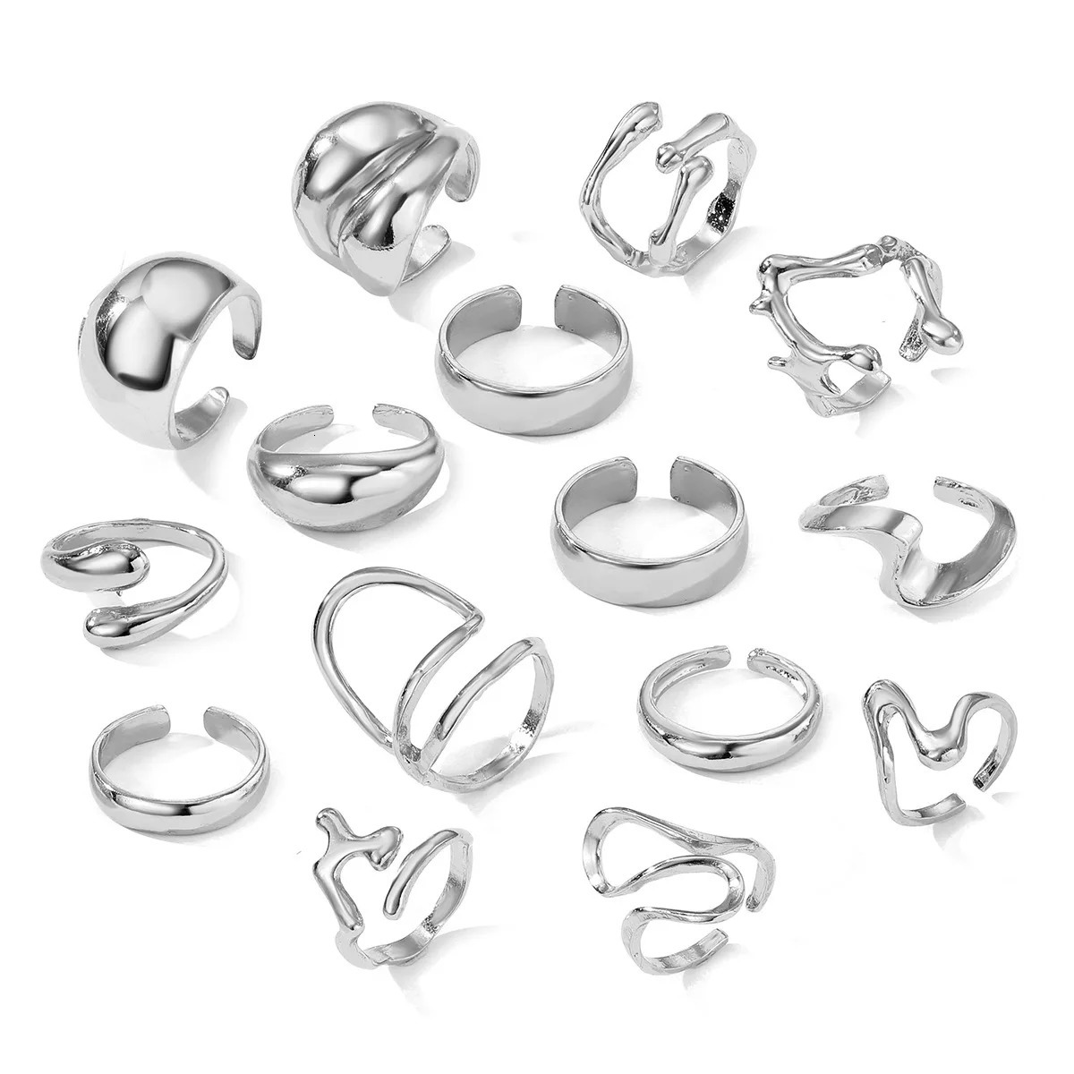 15Pcs/Set Exaggerated Metal Irregular Lines Water Droplet Smooth Rings for Women Men Punk Retro Boho Fashion Jewelry Gift 250708