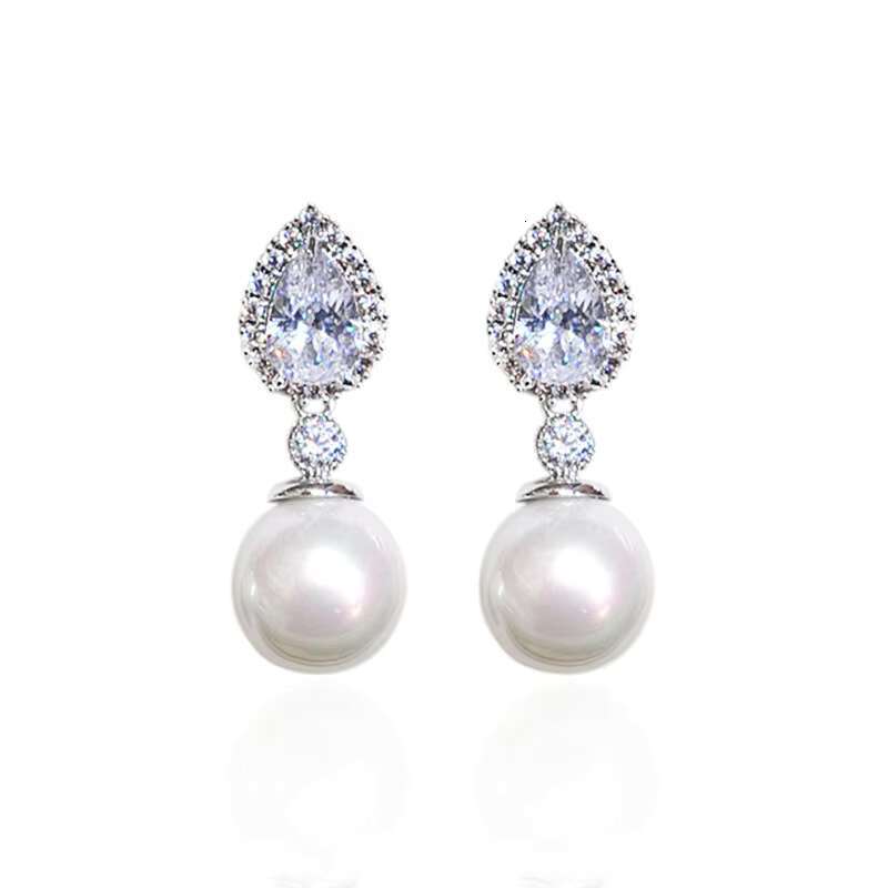 Elegant Bride Pendant Pear Cut Earrings Wedding Engagement Cubic Zirconia Silver Color Pearl Earrings for Women