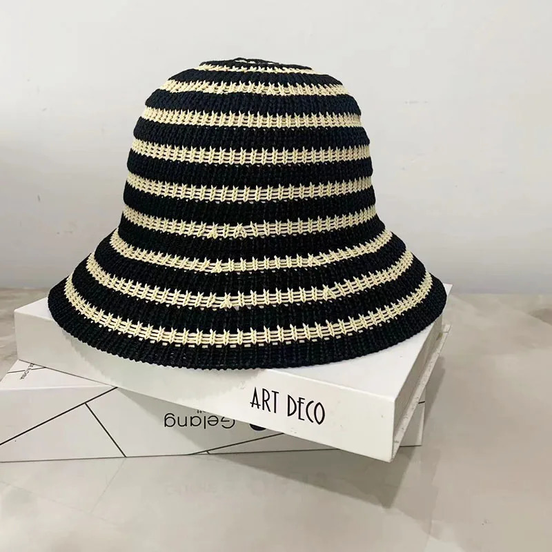 Striped Hollow Women Bucket Hat Spring Summer Outdoor Sunscreen Weave Breathable Fisherman Cap Fahsion Versatile Travel Panama 250711