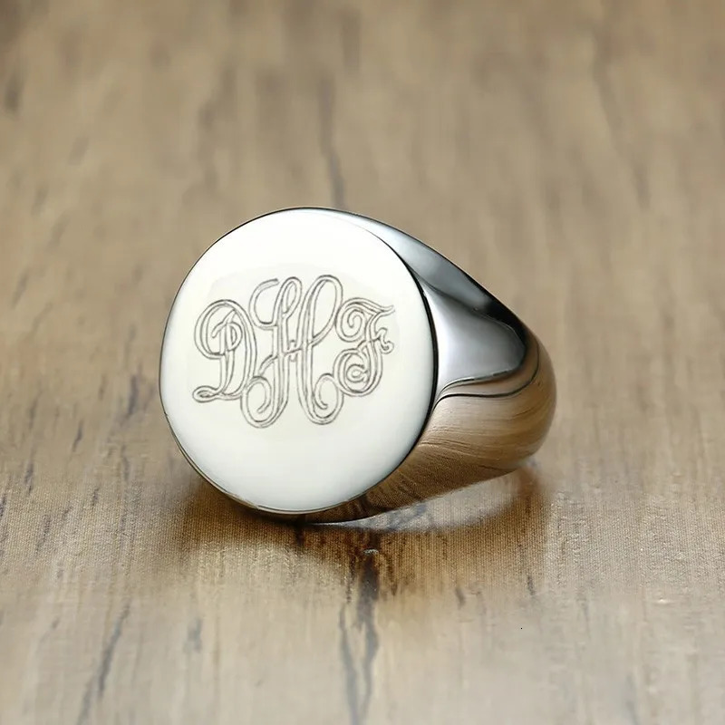 Personalized Rings Mens Stainless Steel Round Signet Ring With Po Name Man Custom Jewelry 250708