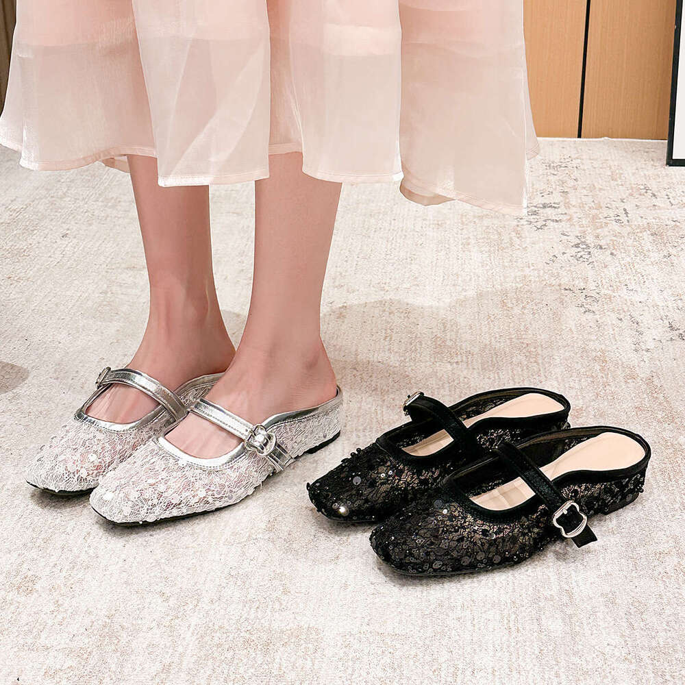 796-18 French Mesh Lace Square Toe Backless New Small Style Flat Single Hidden Wedge Women's Shoes