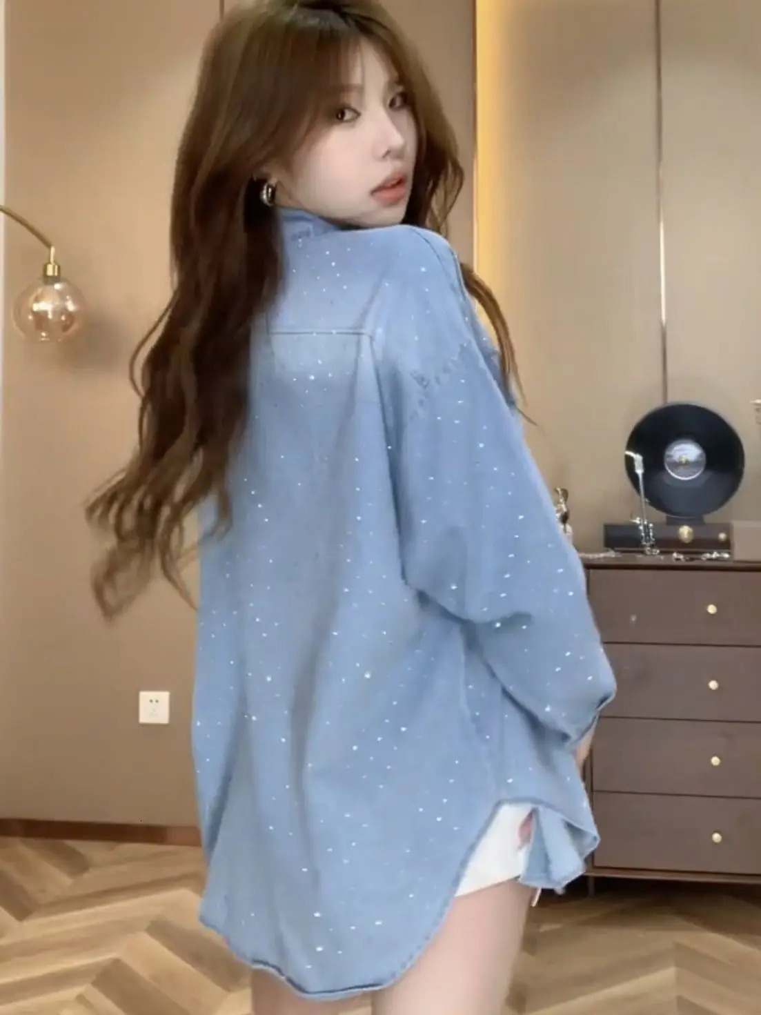 Spring and Summer Diamond Splicing Button Denim Shirt Top for Women Niche Loose Layered Cardigan 250704