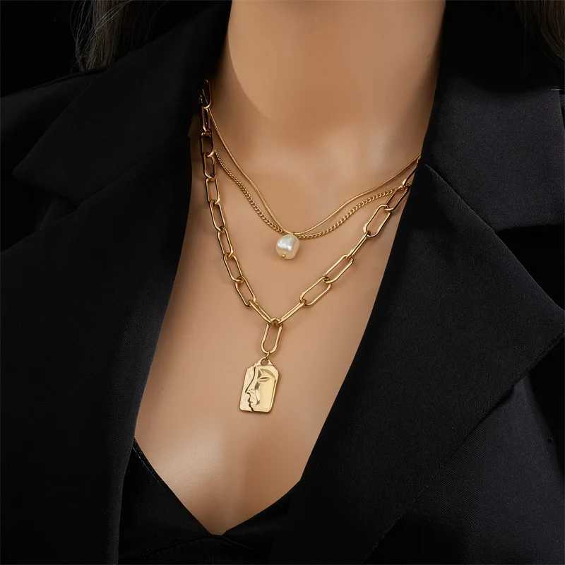 316L Stainss Steel 3-Layer Pearl Square Portrait Pendant Necklace For Wen Punk Street Trend Chain Neck Jewelry Gift W250712