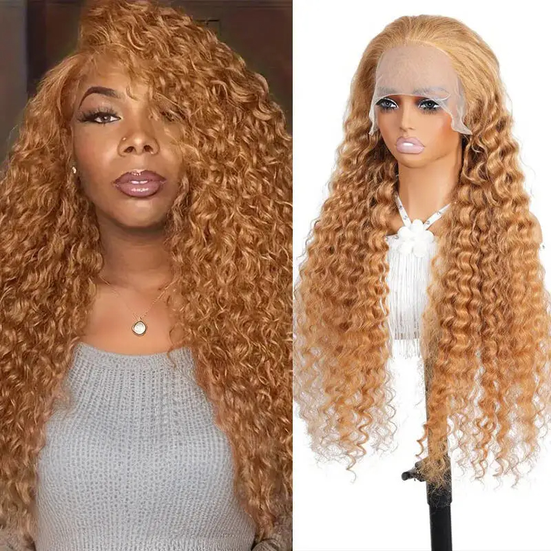 Honey Blonde Wig Kinky Curly Simular to Really Human Hair Lace Front Wigs Colored Brazilian 260% Density #27 Color Transparent Curly 13x6 Hd Front Wig