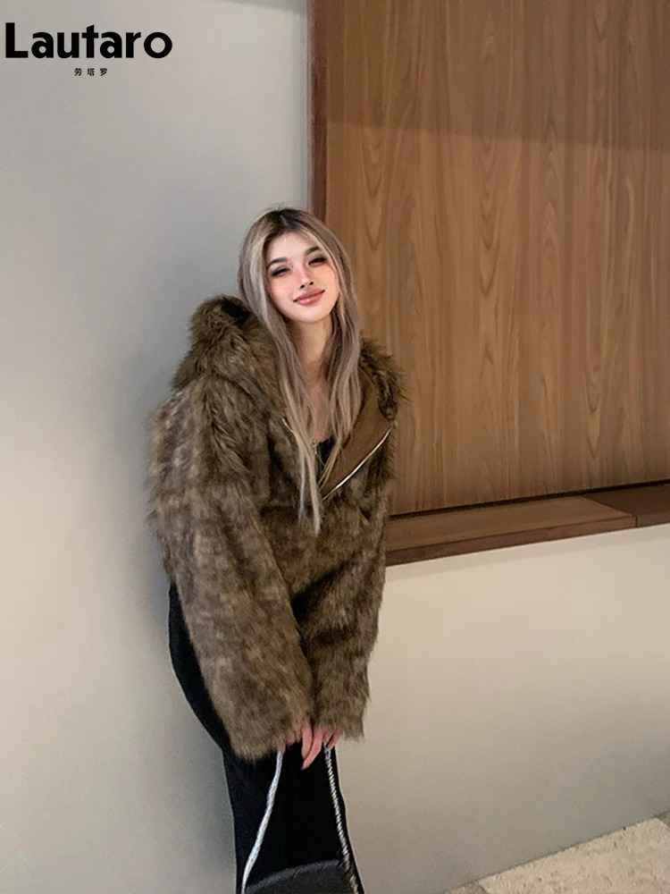 Lautaro Autumn Winter Chic Short Soft Thick Warm Hairy Shaggy Faux Fur Coat Women with Hood Zipper Fluffy Jacket 250708