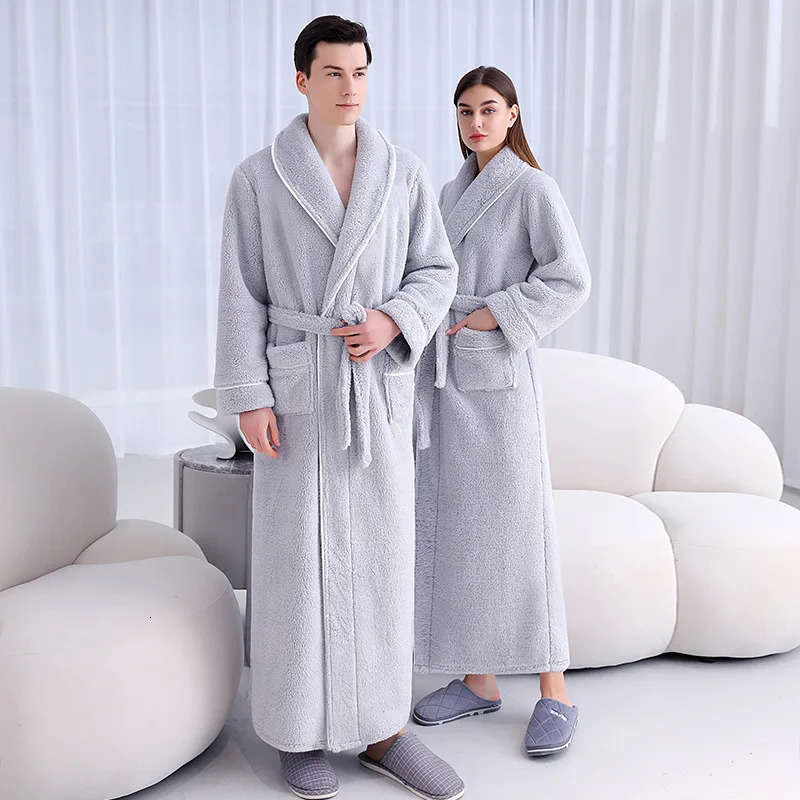 Men Winter Extra Long Flannel Warm Bathrobe Plus Size Thick Coral Fleece Bath Robe Women Lounge Spa Dressing Gown Cozy Sleepwear 250710