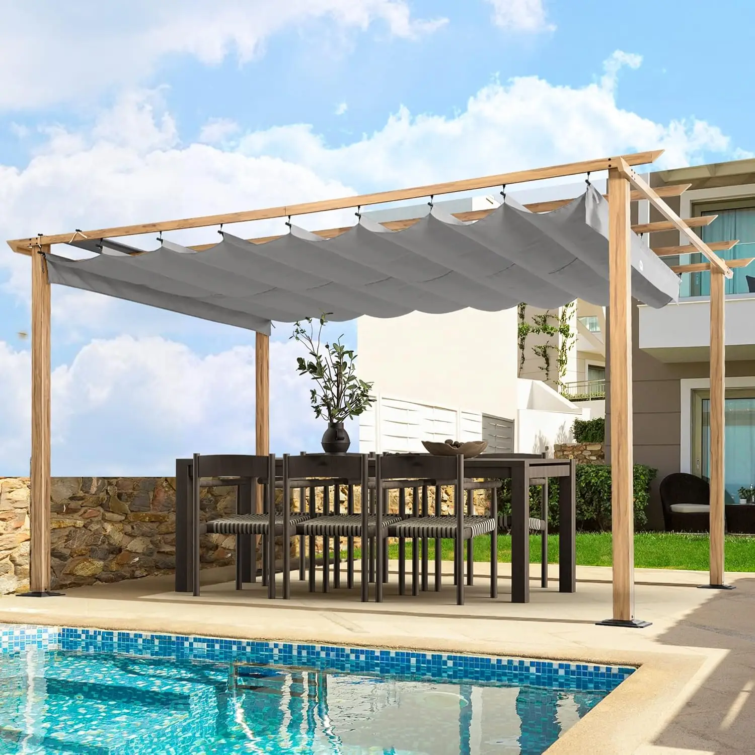 10' X 13' Wood-Grain Aluminum Pergola - Adjustable Sun Shade Canopy with Retractable Roof for Backyard, Deck, Patio,by The Pool