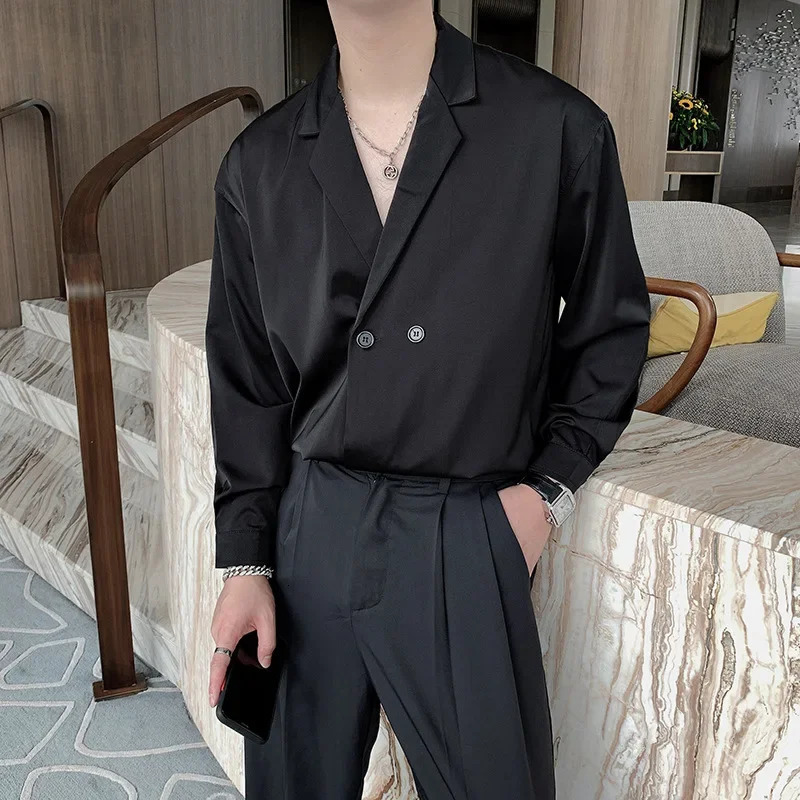 Summer light Mature Style Mens Loose Shoulders Cuban Collar Korean Ins Shirt Drape Ice Silk Short-sleeved Suit Collar Shirts 250707