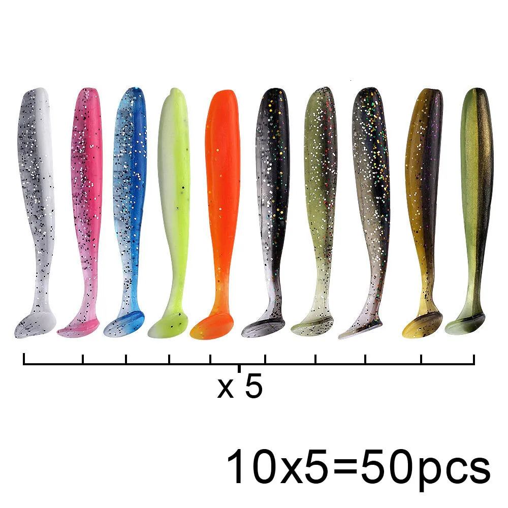 QXO 50 PcsLot Swimbait Soft Lure Silicone Bait Shad Wobbler Sea Worm Streamer 71013cm Spinnerbait Accessories 250708