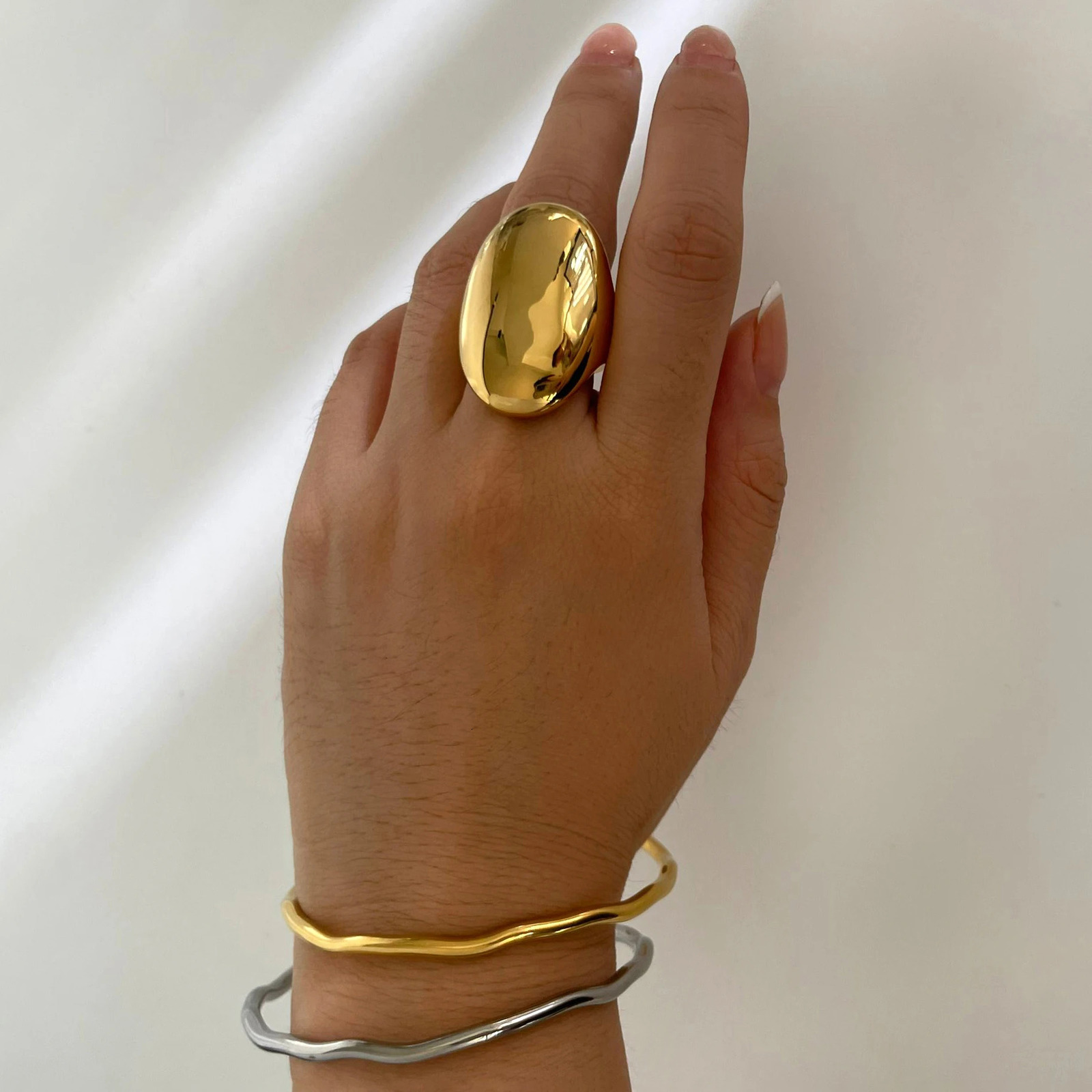 Perisbox High Polished Stainless Steel Solid Gold Plated Chunky Dome Full Finger Rings for Women Men Gothic Minimalist Jewelry 250708