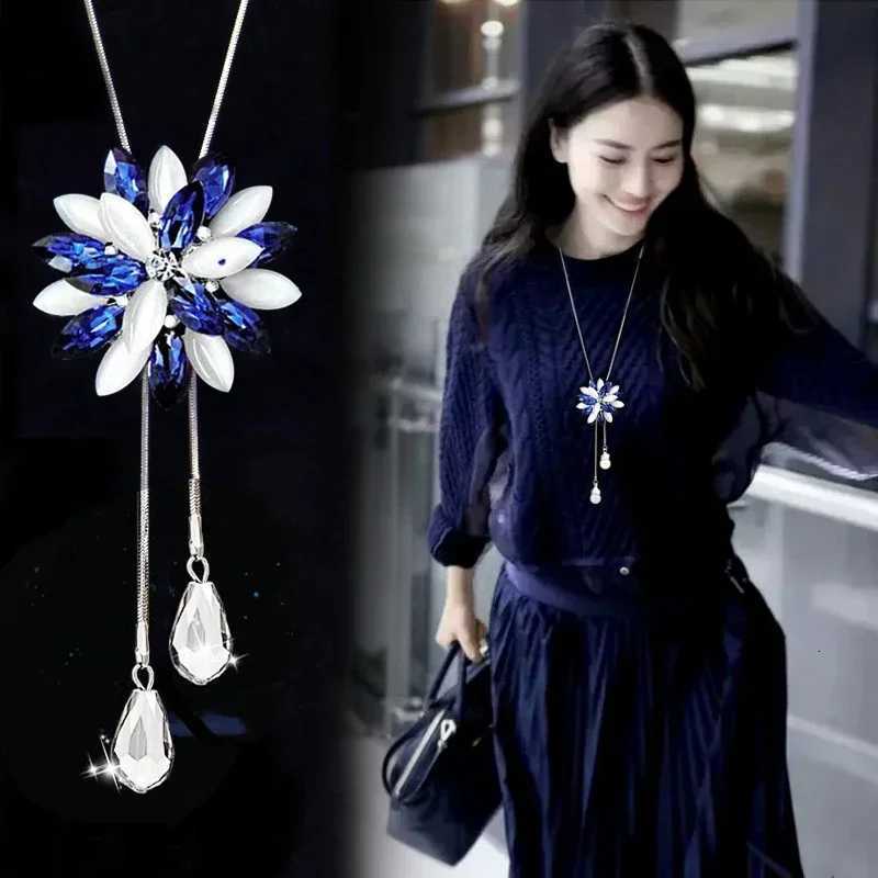 Snowe Zircon Long Necklace Sweater Chain Fine Metal Cute Crystal Rhinestone Opal Flower Pendant Necklaces Adjustable W250712