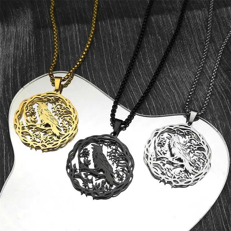 Hollow Crow Raven Birds Pendant Necklace Stainless Steel Black Color Love Flower of Life Knight Chain Jewelry Gifts W250712