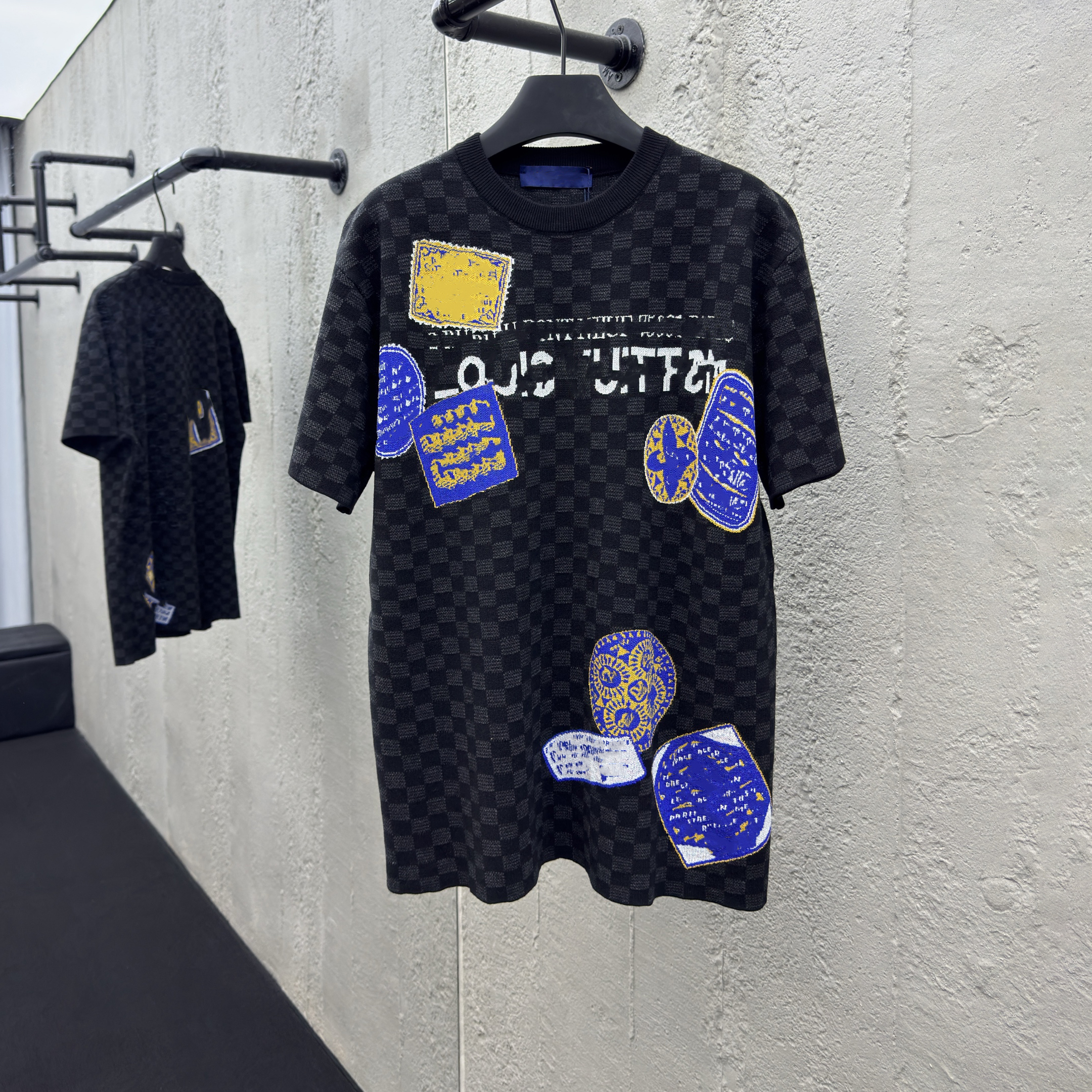 High quality men's black T-shirt designer checkerboard denim short sleeved shirt fashion letter sports T-shirt