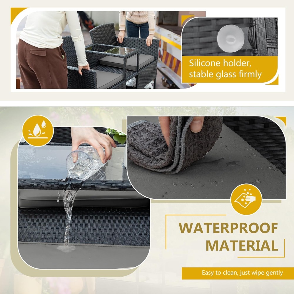 Dwe74 Outdoor Furniture Patio Loveseat Wicker 2-Seat With Built-In Table And Cushions Rattan Porch Chairs Bench For Balcony, Lawn, Ba