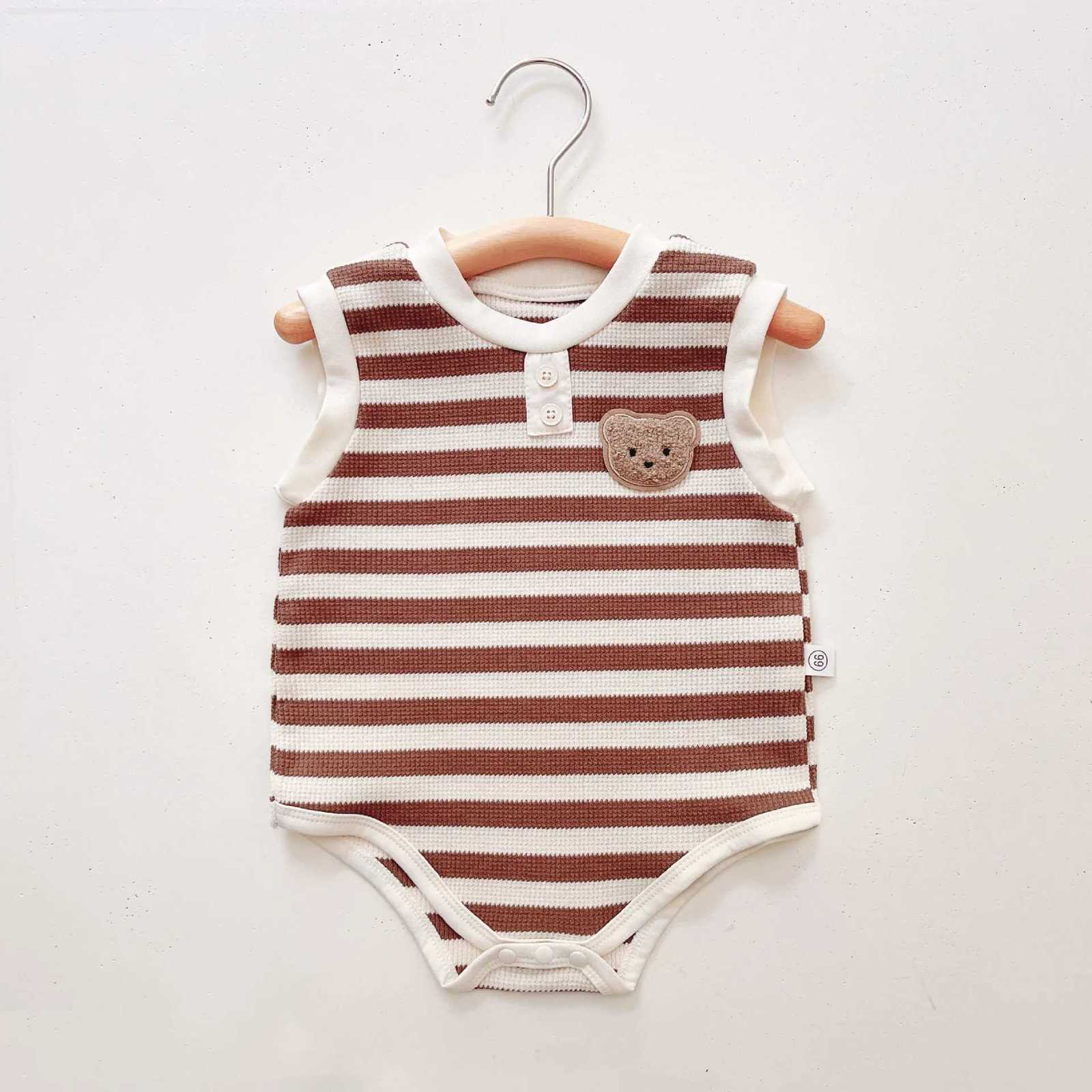 Baby Boy Girl Striped Bear Romper Ribbed Sleeveless Bodysuit Jumpsuit Infant Knitted Outfits Clothes Z250712