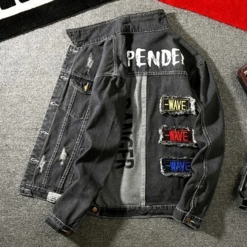 Male Jean Coats Autumn Striped Yellow with Print Mens Denim Jacket Y2k Vintage ed G Winter Outerwear er Joker Korea 250710