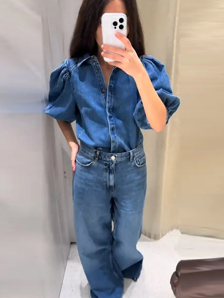 Street Denim Womens Shirt Solid Puff Half Sleeve Single Breasted Pleated Blouses Female 2025 Spring Summer Allmatch Streetwear 250704
