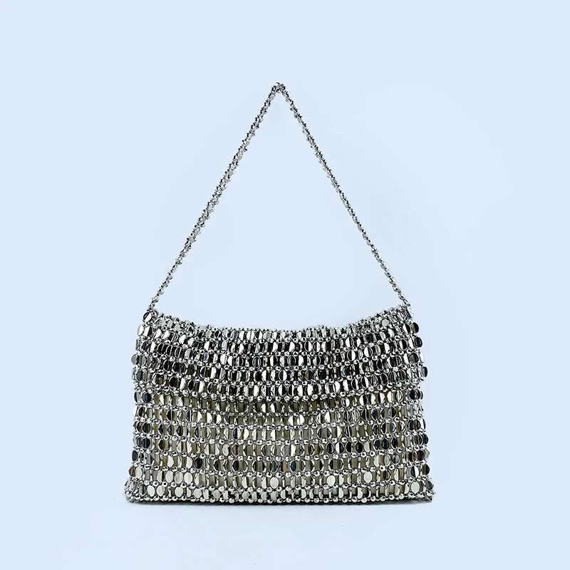 Retro metal sequin sier for women's new bag, hand woven high-end feel handbag, shoulder and underarm bag