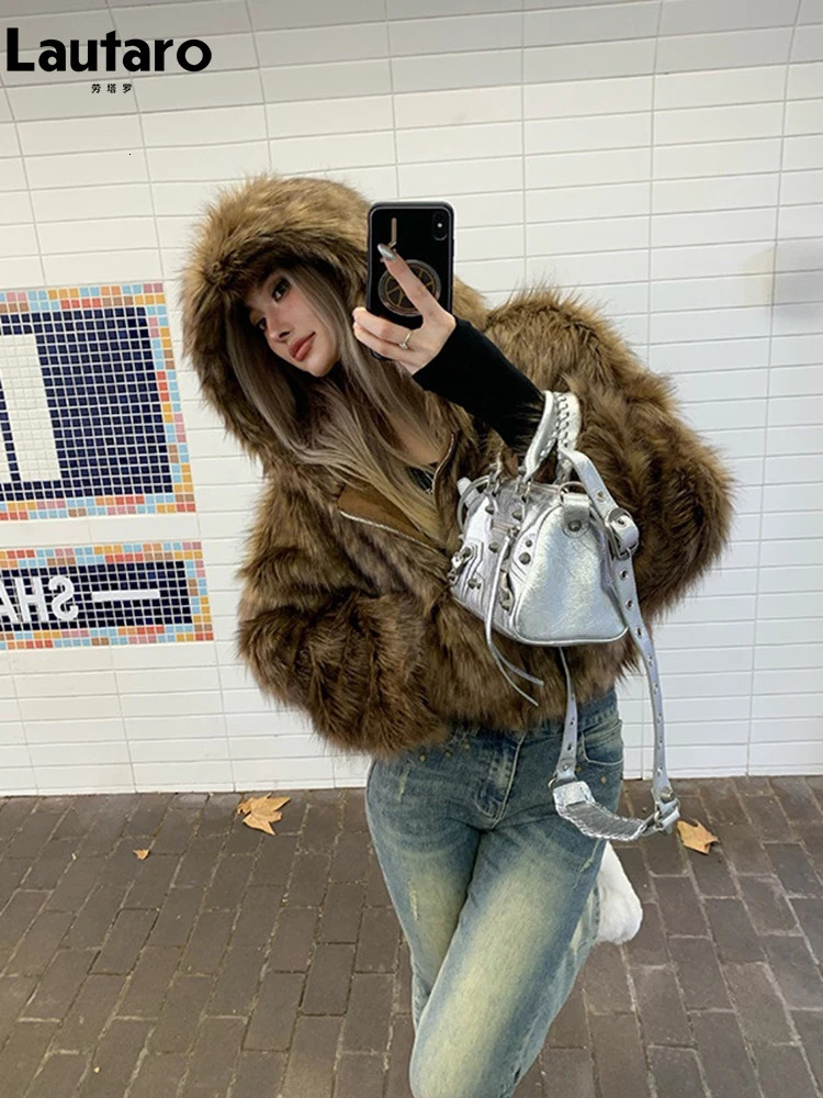 Lautaro Autumn Winter Chic Short Soft Thick Warm Hairy Shaggy Faux Fur Coat Women with Hood Zipper Fluffy Jacket 250708